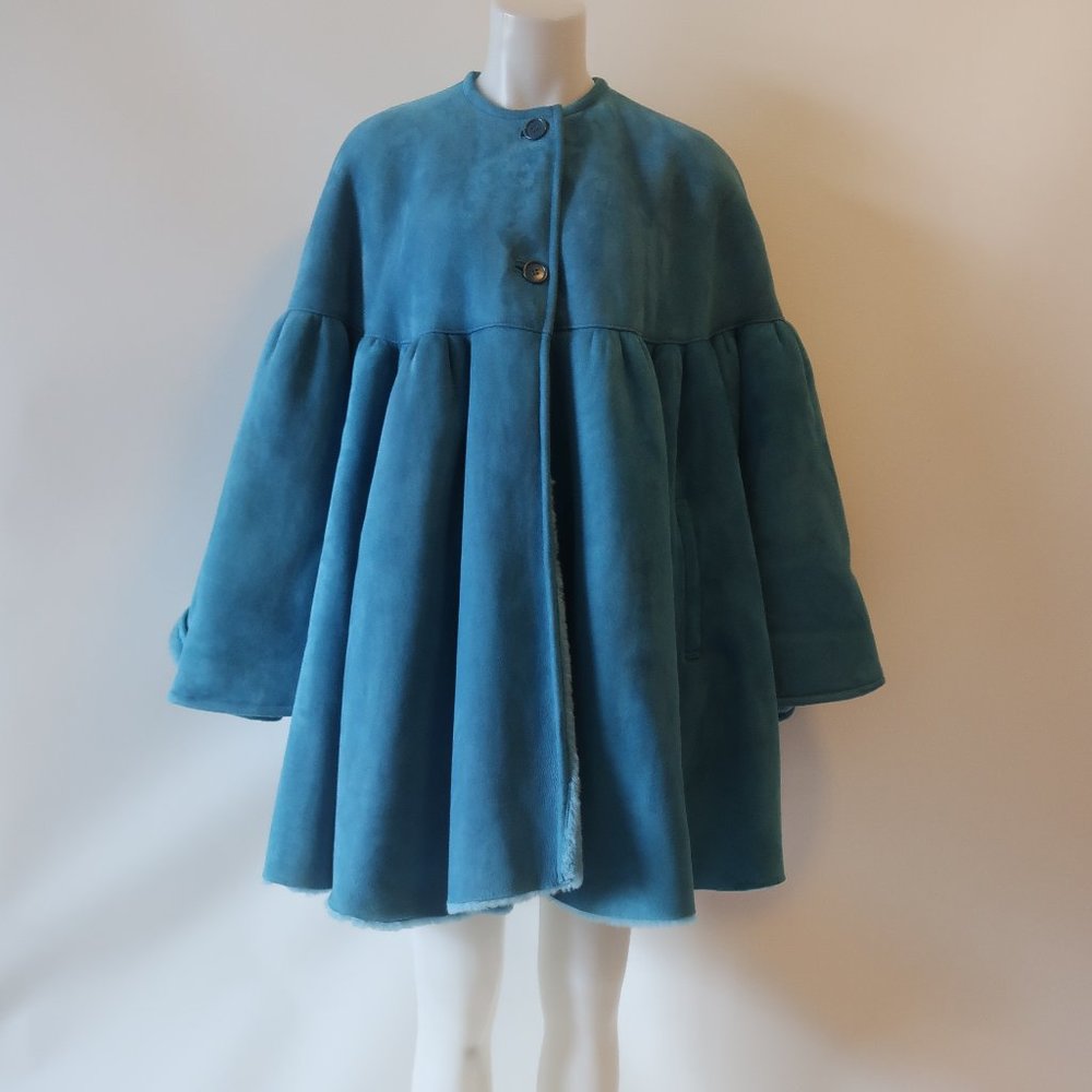 Womens Mario Valentino Teal Bell Sleeve Suede Mid-Length Swing Coat L *